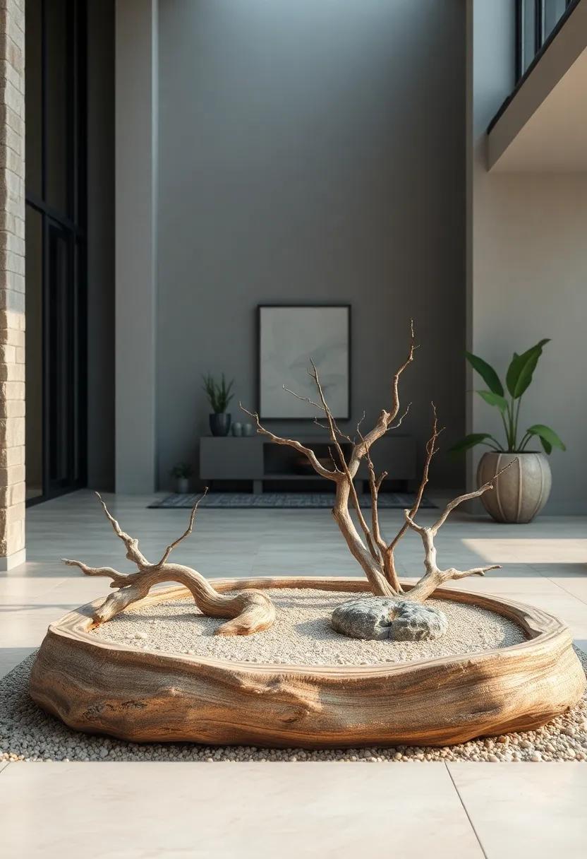 Strategically Placing Smooth Driftwood or Weathered Branches to Infuse Natural Elegance and Flow