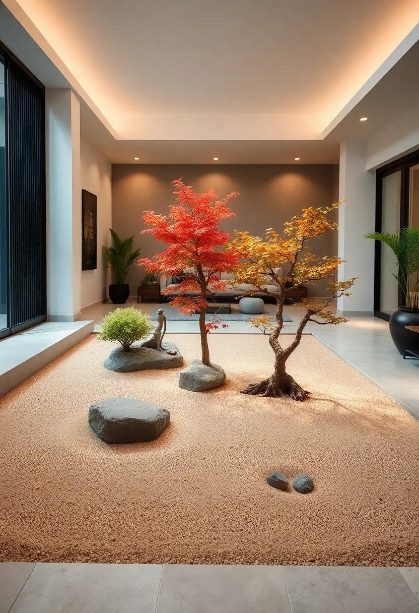 Planting Tiny Japanese Maples or Bonsai Trees as Living Focal Points Within the Serene Sandscape
