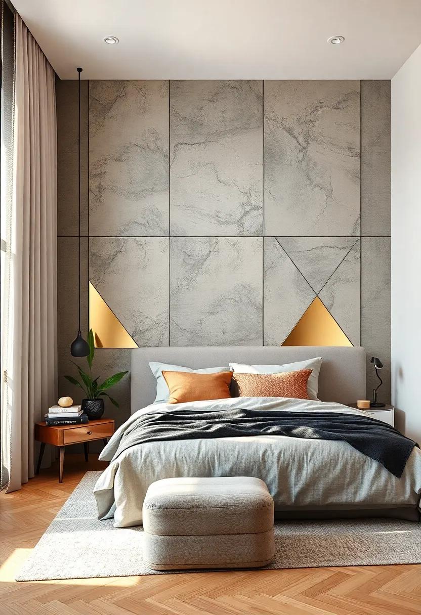 Metallic accents overlaid on a simple geometric base can glam up your bedroom while maintaining a sleek aesthetic