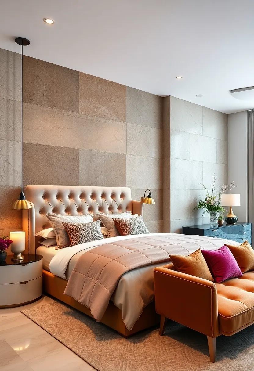 Velvet Tufted Headboards Against Textured Accent Walls For A Lavish Bedroom Sanctuary With A Contemporary Edge