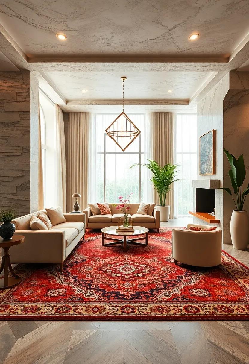 Luxurious Layered Rugs Combining Persian Patterns With Modern Geometric Shapes In Elegant Color Palettes