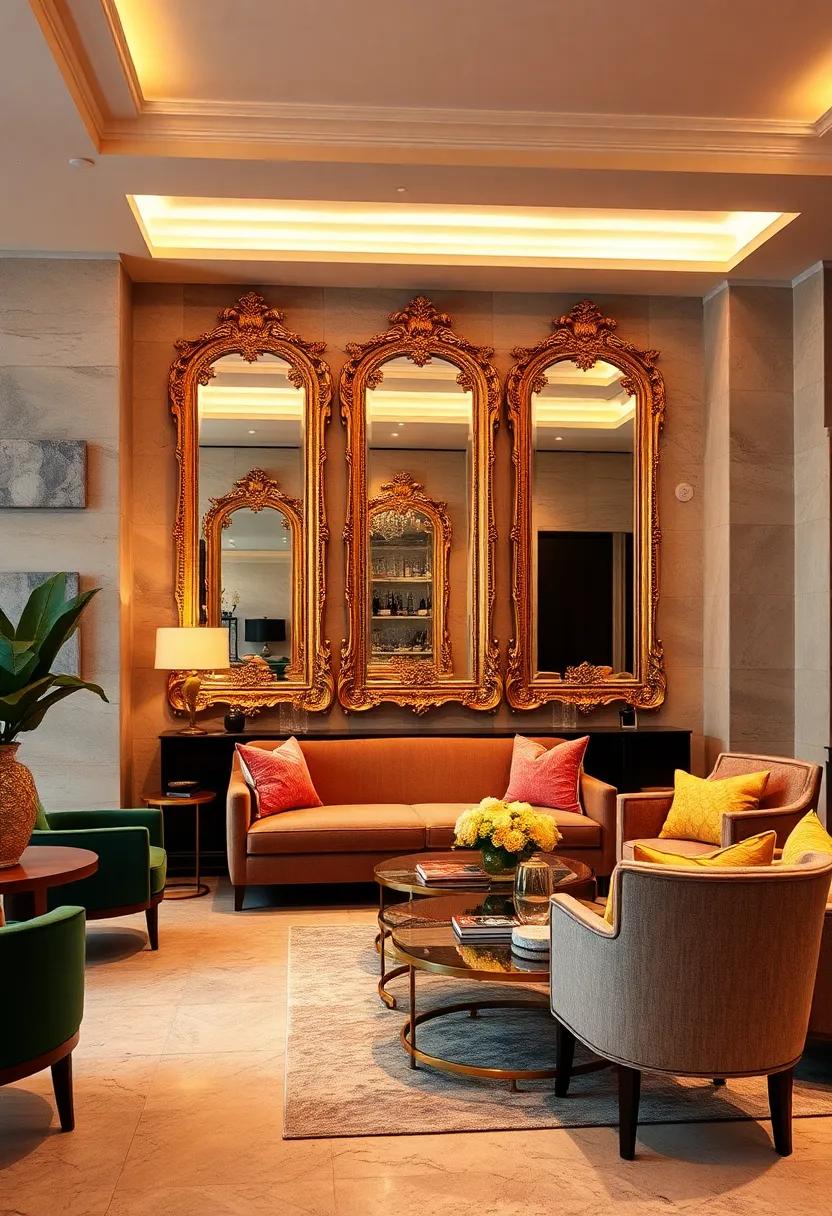 Gilded Mirrors With Ornate Frames Reflecting Ambient Lighting To Enhance The Glamorous And Spacious Atmosphere