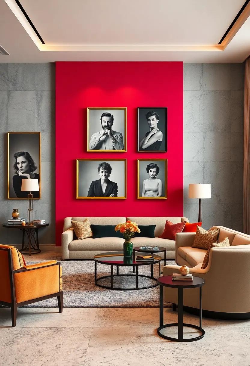 Classic Hollywood Portraits In Sleek Frames Hung Against Boldly Colored Accent Walls To Marry Vintage And Contemporary