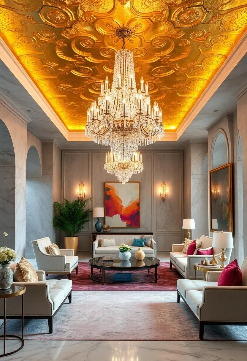 Opulent Crystal Chandeliers Casting Sparkling Light Across Richly Detailed Gold Leaf Ceilings In Glamorous Rooms