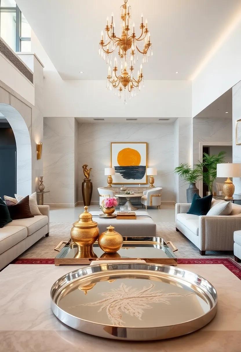 Statement Metallic Accessories Including Brass Sculptures And Polished Silver Trays Adding Depth And Glimmer To Decor