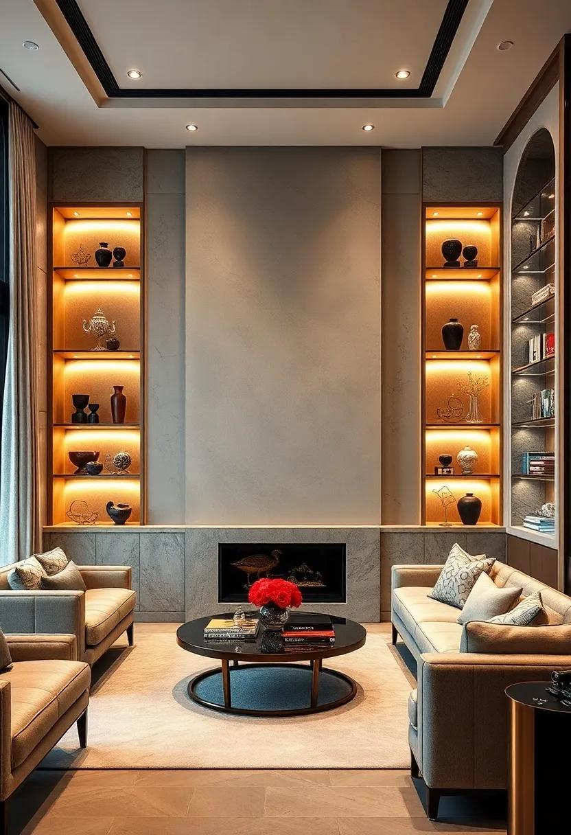 Custom Built-In Shelving Units With Hidden Lighting Showcasing Artifacts And Collectibles In Glamorous Style