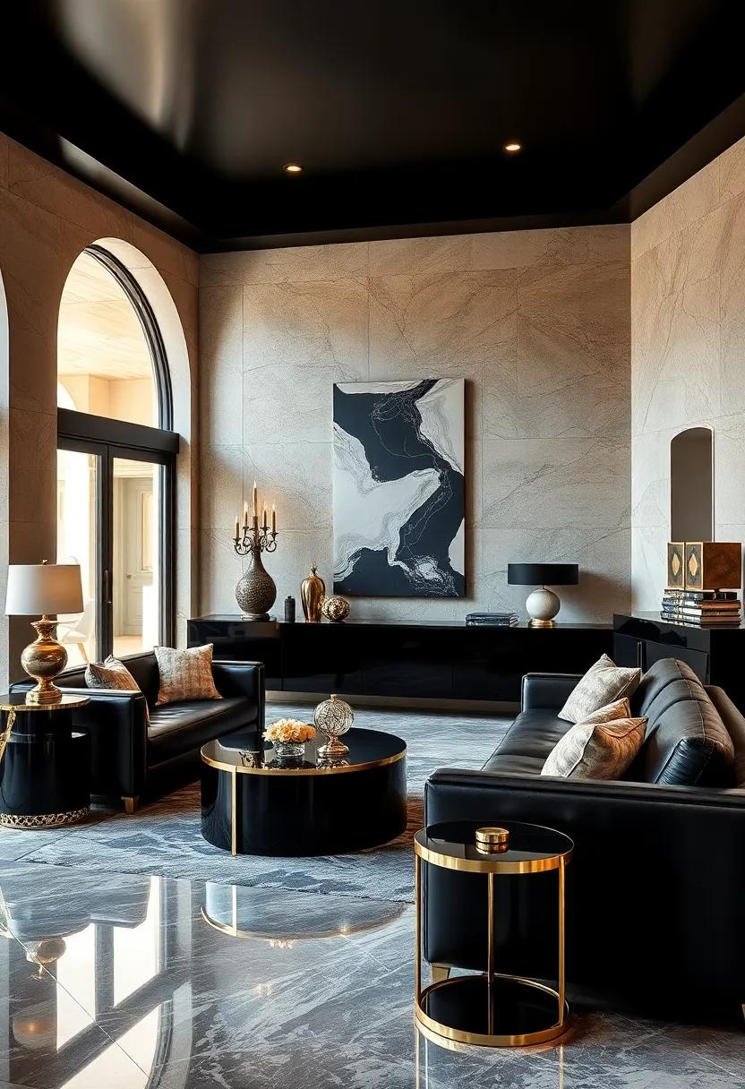 Glossy Black Lacquer Furniture Pieces Contrasted With Warm Metallic Accents For High Impact Glamour