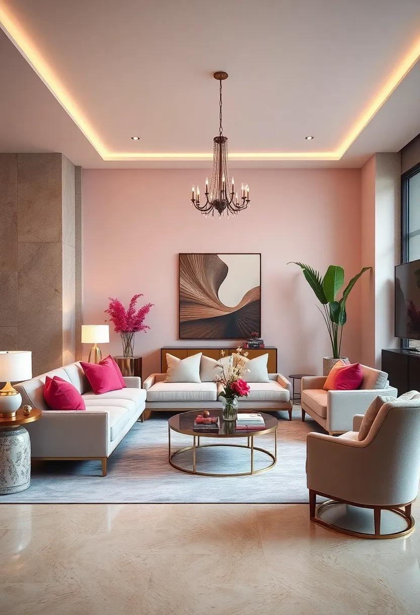 Muted Pastels Infused With Vibrant Accent Colors Balancing Softness With Bold Glam In Living Room Palettes