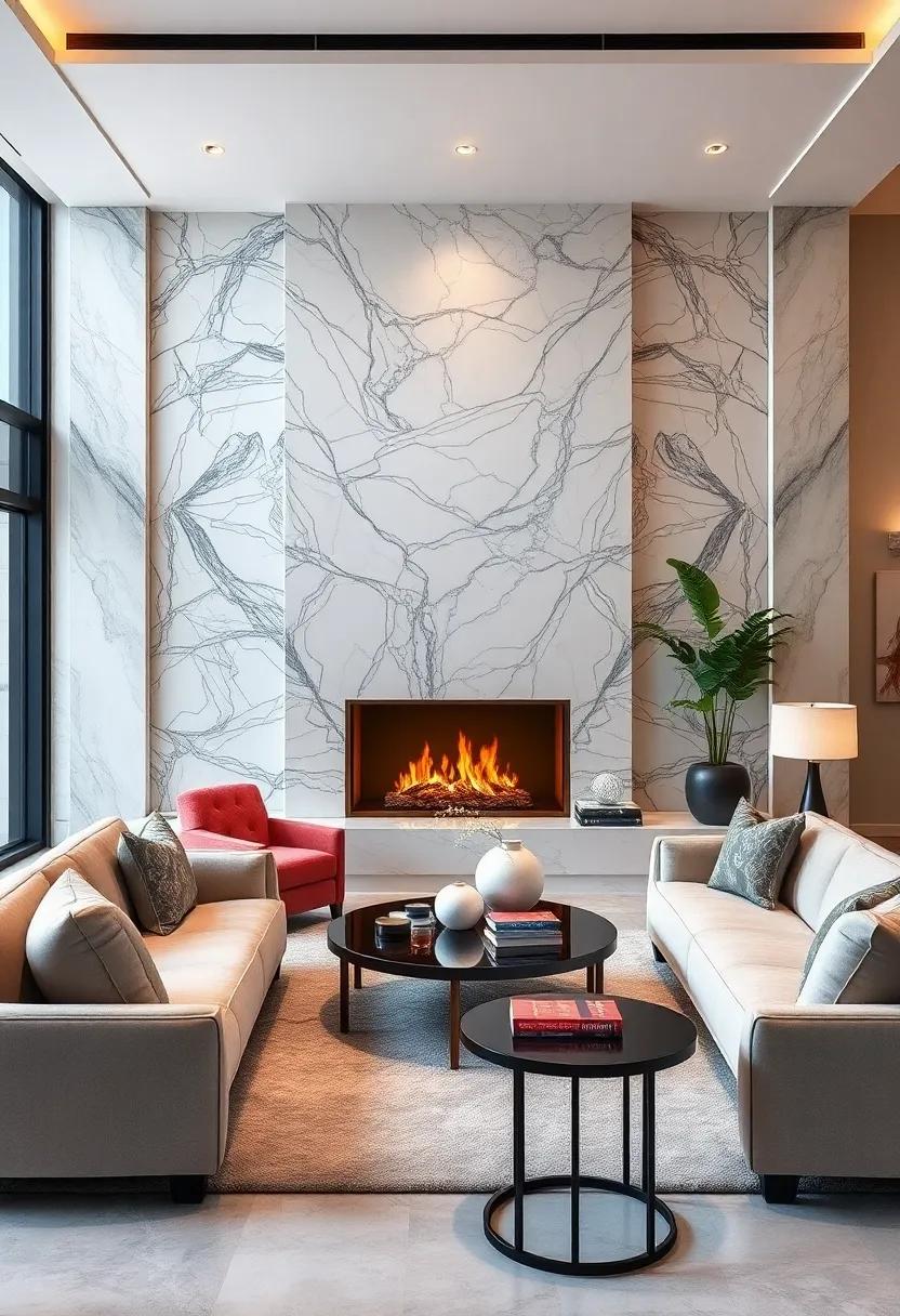 Sleek Marble Fireplace Surrounds Paired With Plush Seating To Anchor Luxe Lounging Spots In Hollywood Glam Homes
