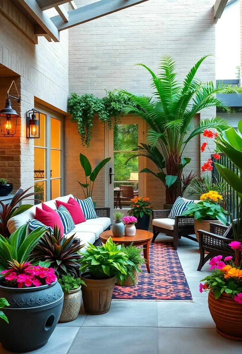 Creative Container Gardens With A Mix Of Bold Foliage Plants And Bright Flowers