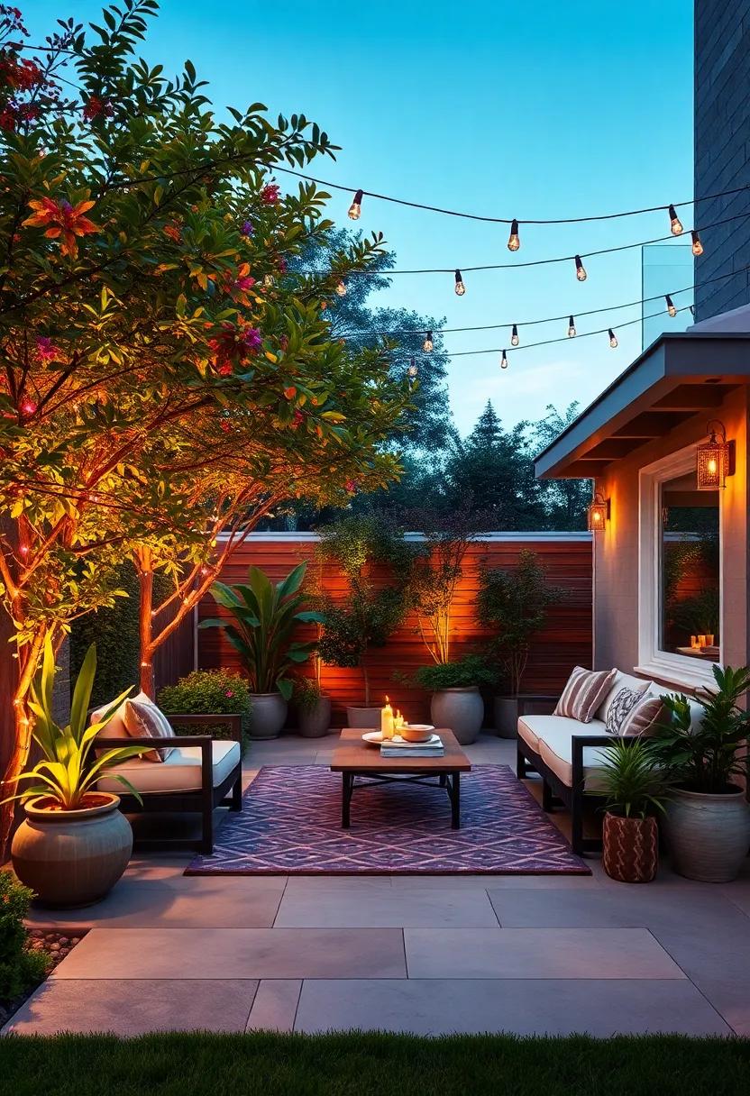 Festive String Lights In Multiple Colors Draped Across Trees And Bushes For Evening Glow