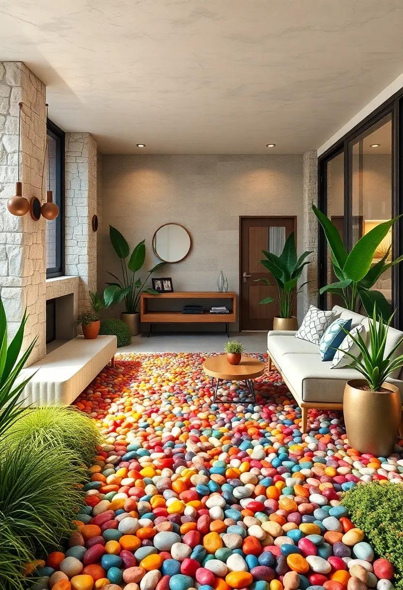 Rainbow-Themed Walkways Made From Multi-Colored Pebbles Creating Eye-Catching Trails