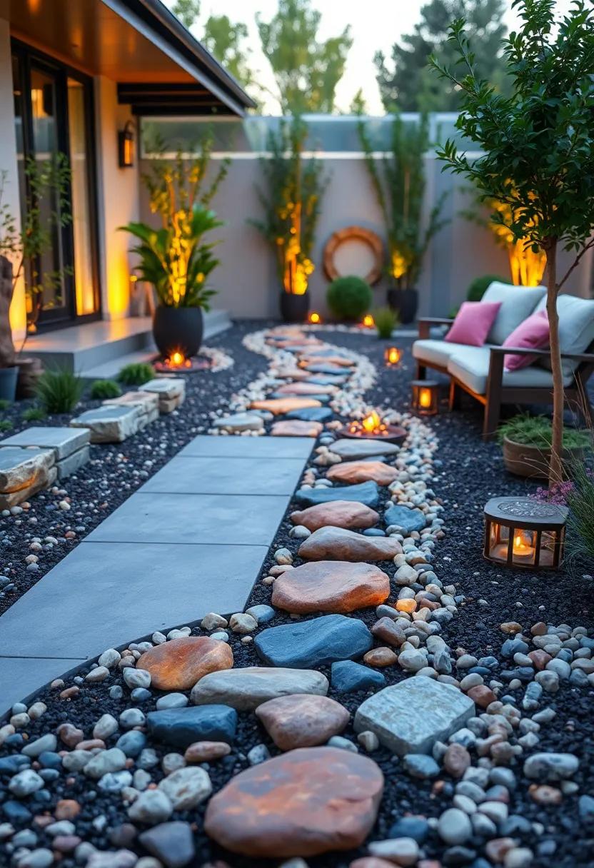 Playful Garden Pathways Lined With Colorful Stones And Glowing Solar Lights At Dusk