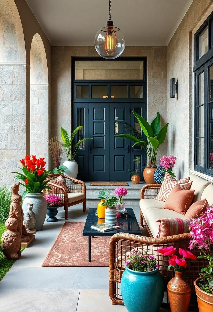 Eclectic Mix Of Garden Statues And Colorful Planters Creating A Delightful Focal Point