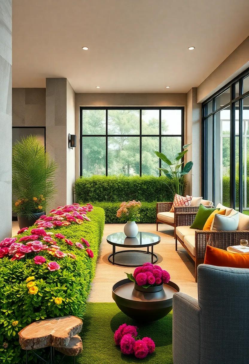 Soft Pastel Hedge Rows Blended With Bold Flower Clusters For A Balanced Vibrant Scene