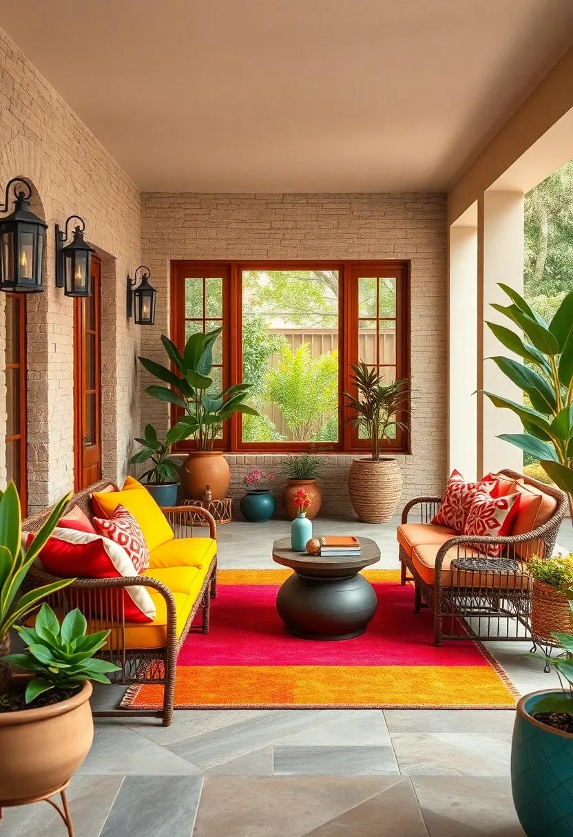 Charming Outdoor Seating Areas Adorned With Bright Cushions And Colorful Rugs