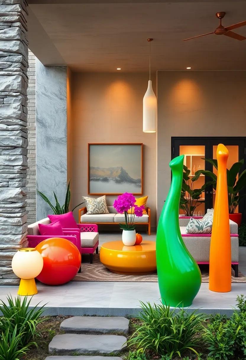 Front Yard Sculptures Painted In Neon Colors To Create A Striking Visual Contrast