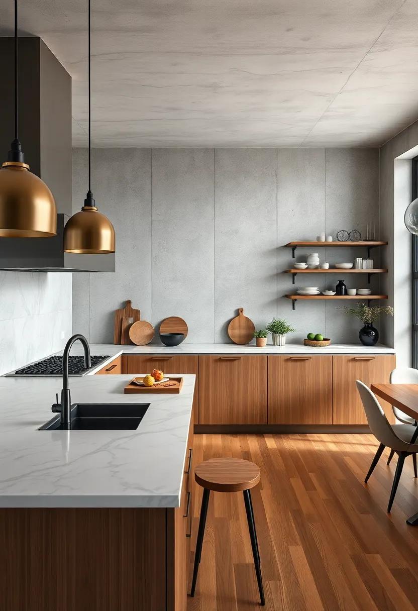 Creating Visual Contrast with Smooth Marble Countertops Set Against Rough Concrete Walls