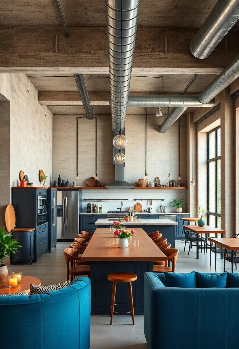 Rugged Open Ceilings with Exposed Ductwork and Pipes Enhancing the Industrial Kitchen Atmosphere