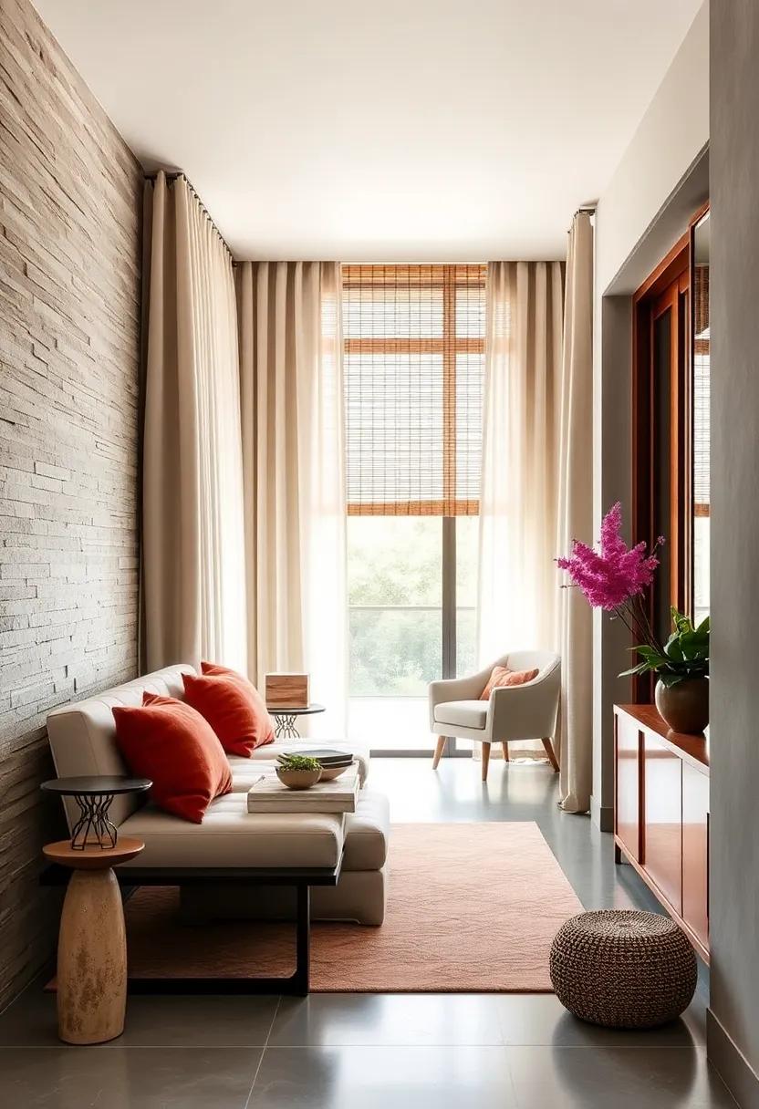 Blended Textures of Light Linen Drapes and Handwoven Bamboo Blinds Bringing Dimensional Calm to the Hallway