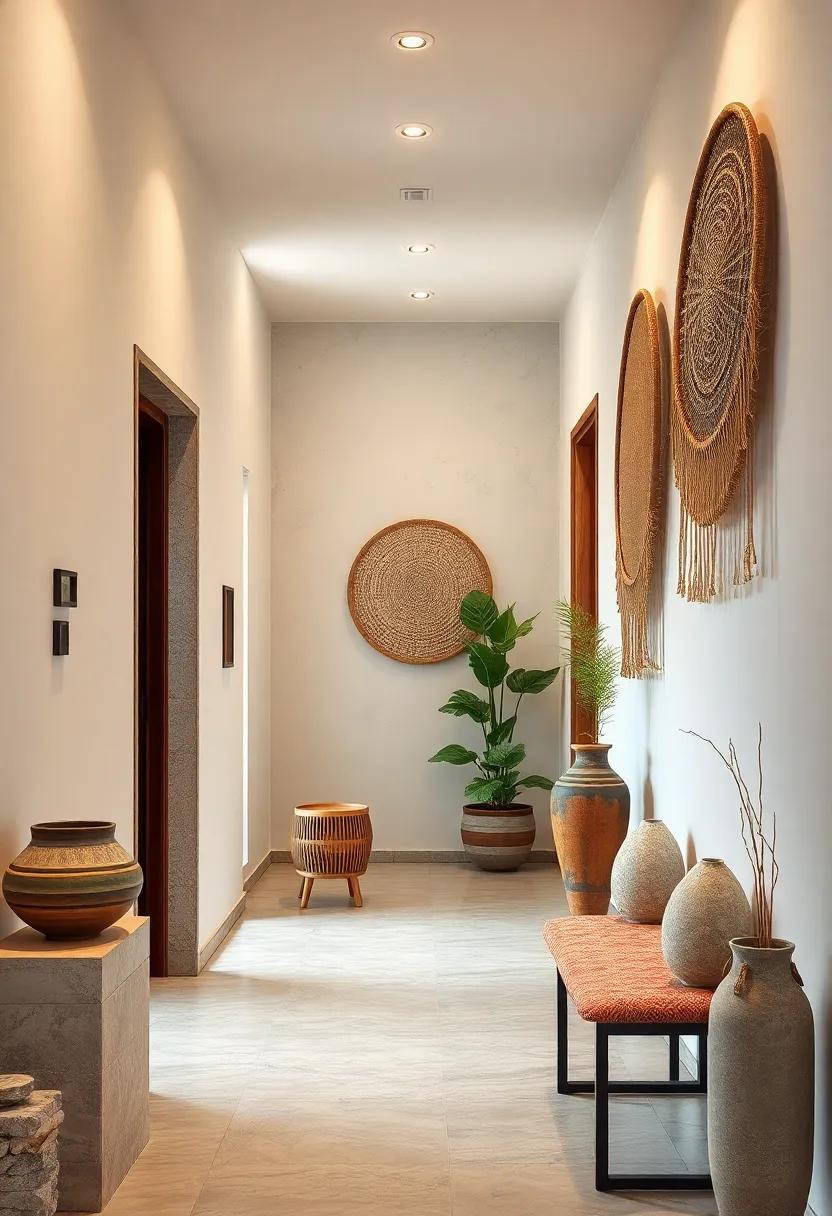 Corridor Showcasing Layered Textures of Recycled Wood, Stoneware Bowls, and Woven Wall Hangings in Japandi Flavor