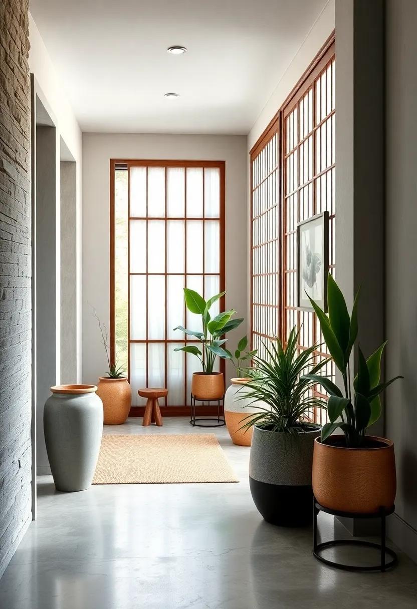 Cozy Corner with Japanese Shoji Screens and Scandinavian Planters Offering Tranquil and Balanced Entryway Vibes