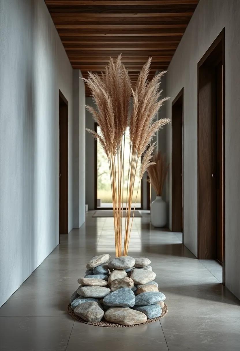 Delicate Arrangement of Smooth River Stones and Dried Pampas Grass Defining a Natural Japandi Hallway Statement