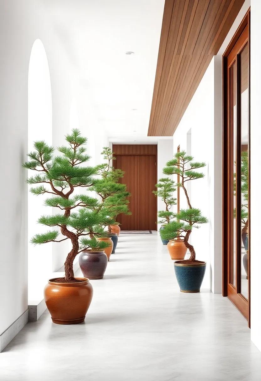 Elegant Arrangement of Indoor Pine Bonsai Trees Against Crisp White Walls in a Japandi Style Corridor