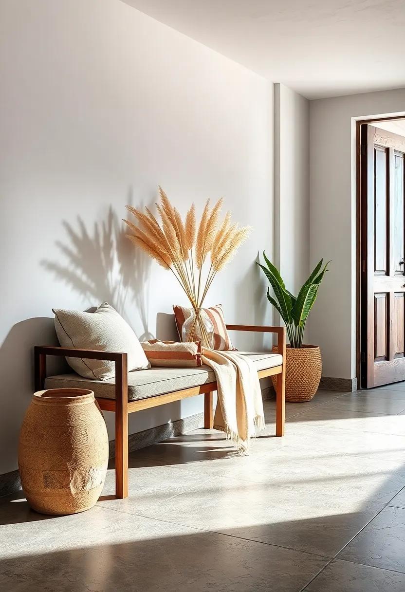 Inviting Entryway Bench with Flowing Neutral Throw and Simple Dried Grasses in a Glass Vase Reflecting Natural Elegance