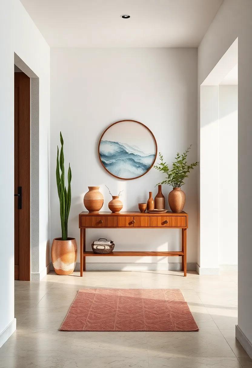 Low-Profile Console Table with Handmade Pottery and Subtle Zen-Inspired Decor for Effortless Calm