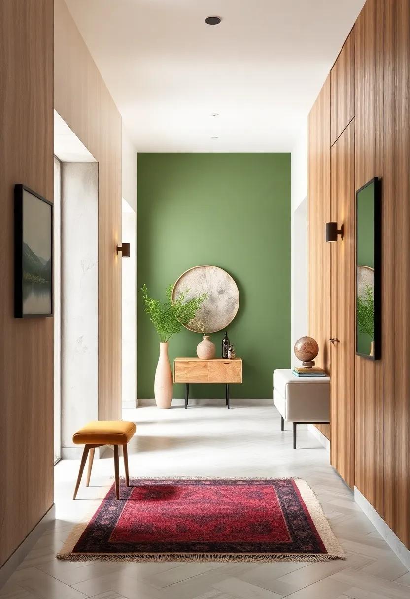 Muted Green Accent Wall Framed by Raw Wood Panels and Sleek Scandinavian Lighting in a Serene Hallway Scene