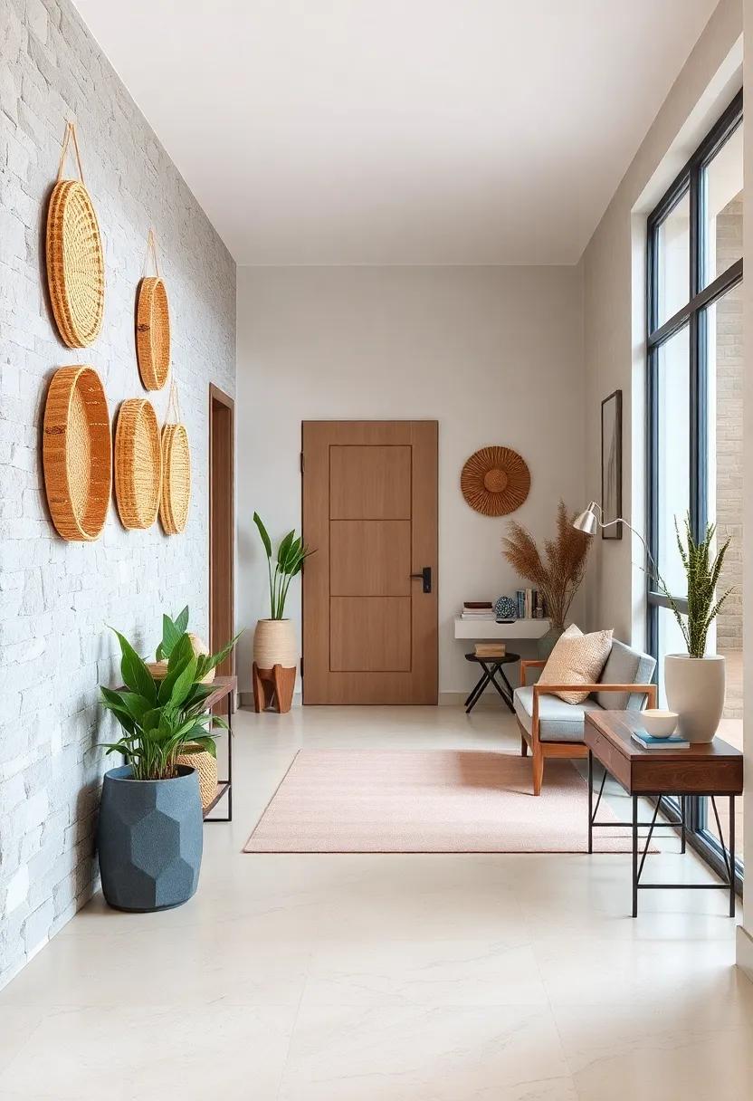 Natural Fiber Wall Baskets Arranged with Muted Pastel Accents Creating Subtle Yet Impactful Entryway Design