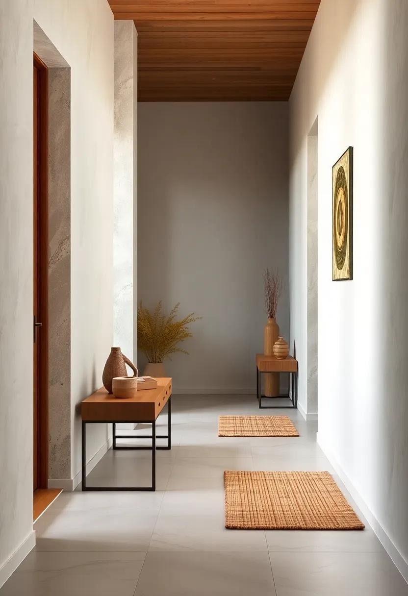 Neutral Palette Hallway with Bamboo Mats and Clean Lines Evoking Quiet Sophistication and Warmth