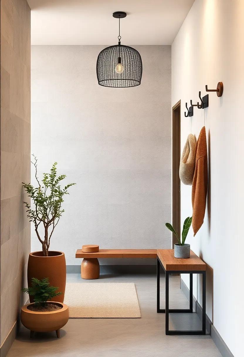 Petite Zen Garden Elements Placed Alongside Sleek Scandinavian Coat Hooks in a Harmonious Hallway Space