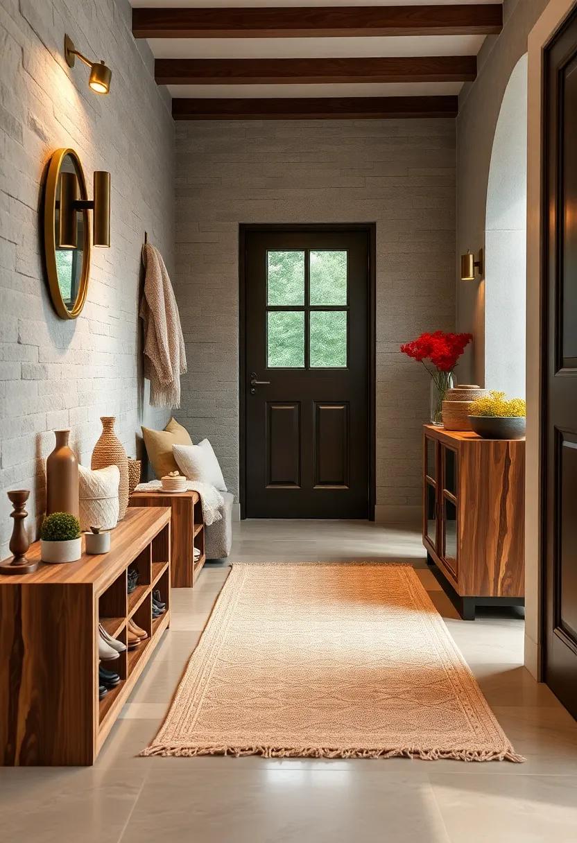 Rustic Wooden Shoe Storage Units Paired with Soft Cotton Rugs Reflecting Harmony Between Function and Style
