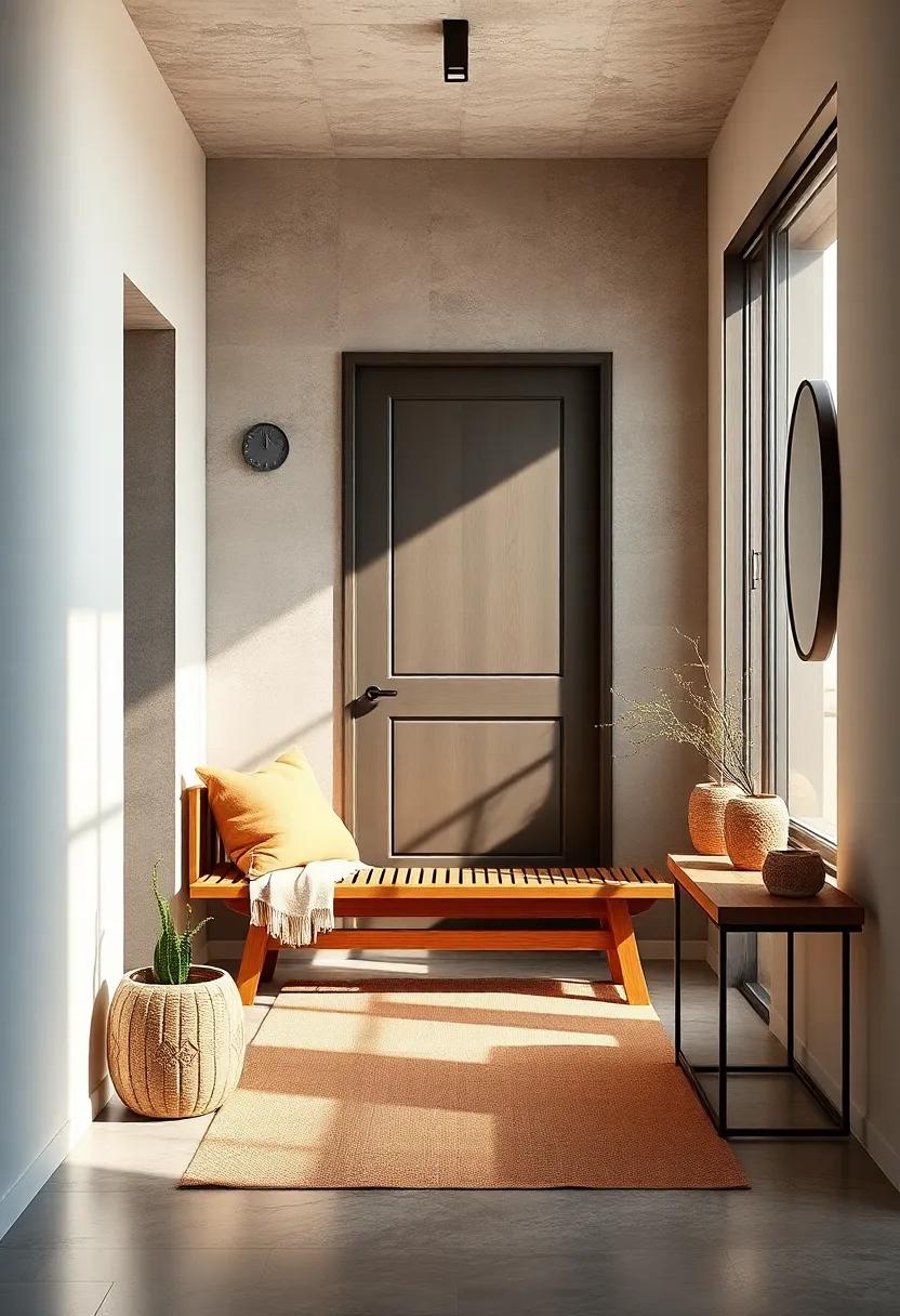 Serene Entrance Featuring Minimalist Wooden Bench and Subtle Earth Tone Accents Embracing Japandi Aesthetic