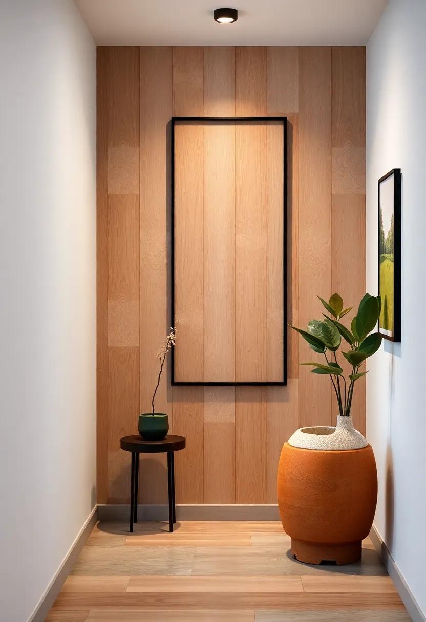 Slender Black Metal Frame Mirror with Matte Wood Backdrop Adding Depth and Japanese-Scandinavian Fusion