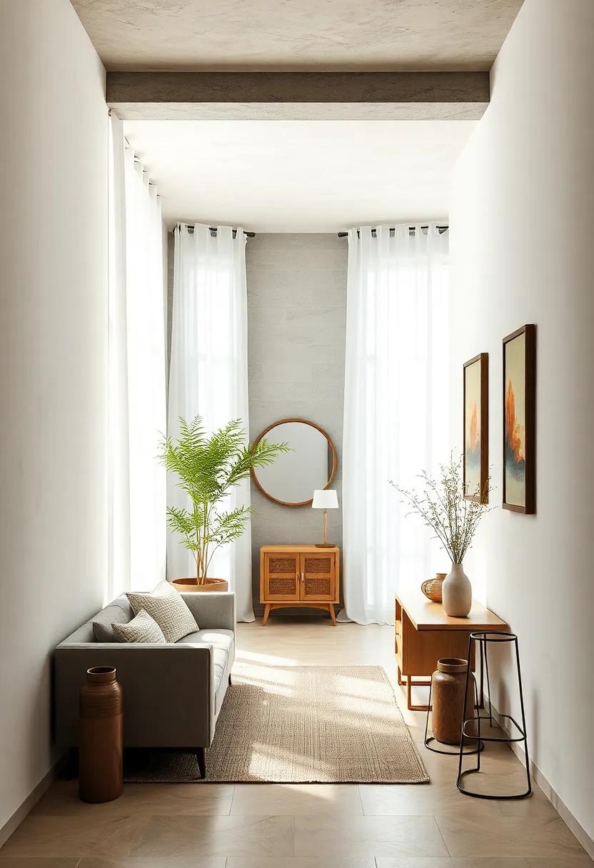 Soft Natural Light Filtering Through Sheer Linen Curtains Highlighting Japandi Hallway Calmness and Simplicity
