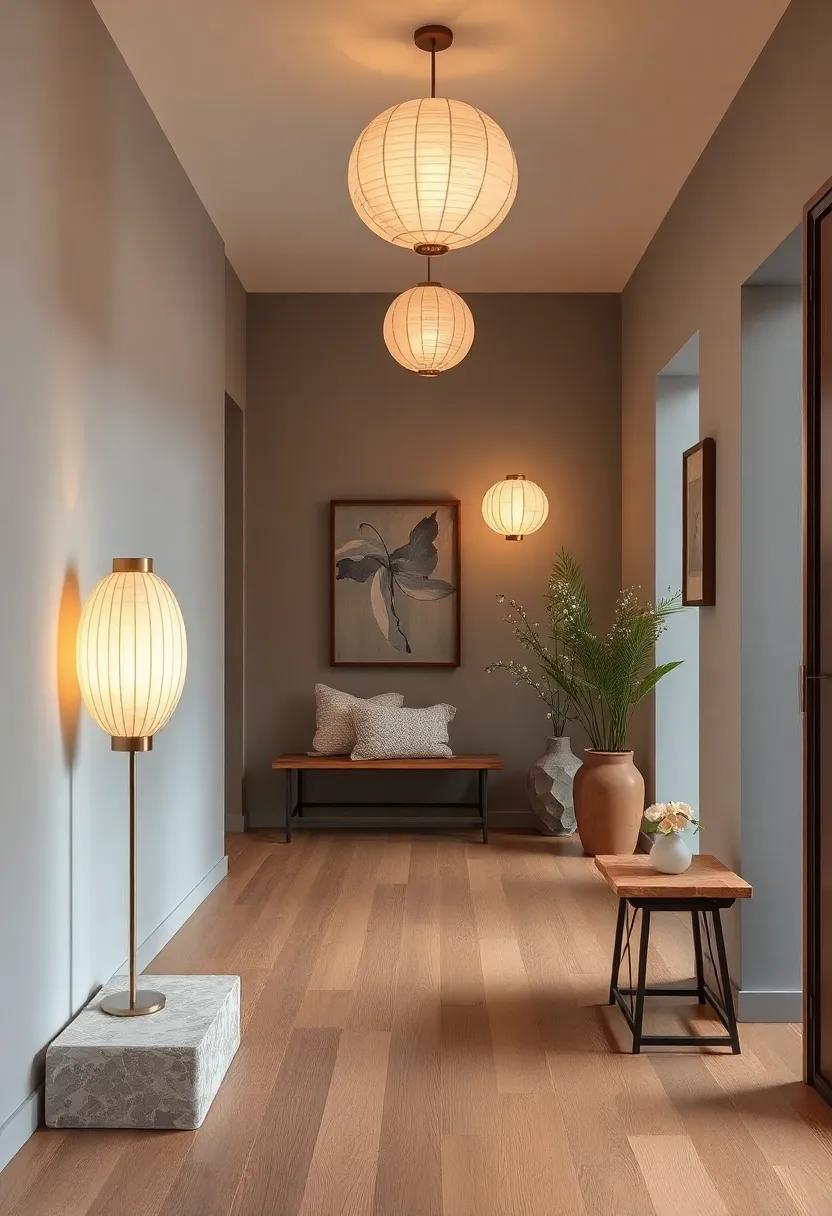 Soft Gray Walls Complemented by Warm Oak Flooring and Delicate Rice Paper Lamps for a Balanced Japandi Ambiance