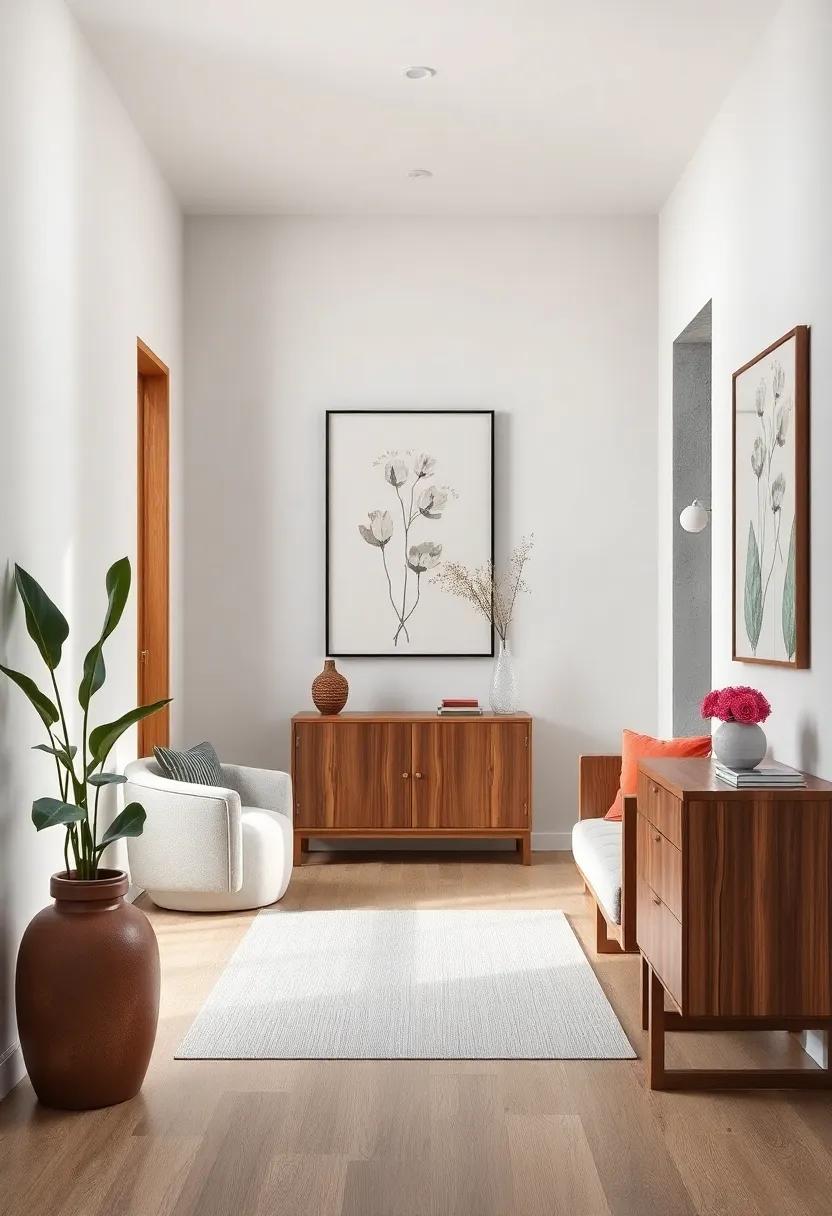 Understated Artwork of Abstract Botanical Prints Amidst Smooth Timber Accents for a Serene Japandi Entryway