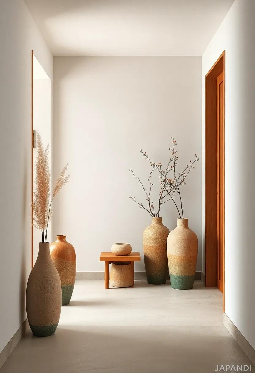 Wabi-Sabi Elements in Japandi Entryway with Imperfect Ceramic Vases and Organic Textures Creating Timeless Beauty