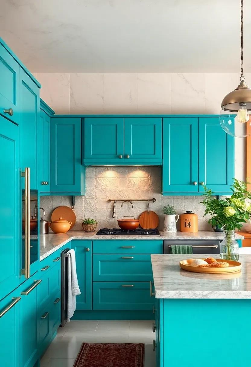 Vibrant Teal: Make waves​ with vibrant teal cabinets that add personality and an artistic flair, perfect for eclectic or bohemian kitchens