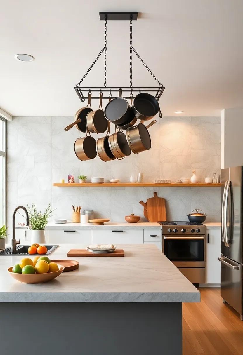 Install ‍a ‍Pot Rack: Hang ⁢pots and pans from the ceiling‍ or wall to free ⁣up‍ cabinet space while providing an industrial⁣ chic vibe