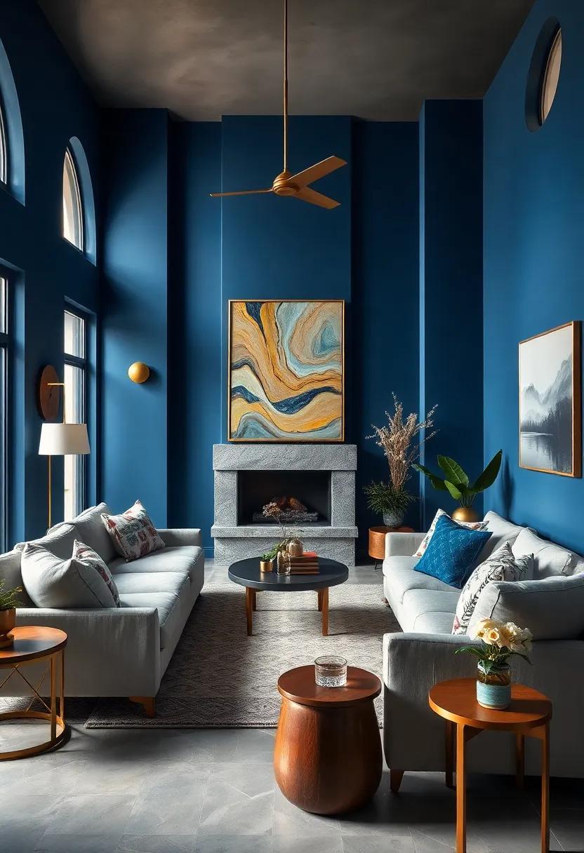 The Timeless Allure of Deep Blue Walls Paired with Brushed Brass Fixtures in a Cozy Living Space