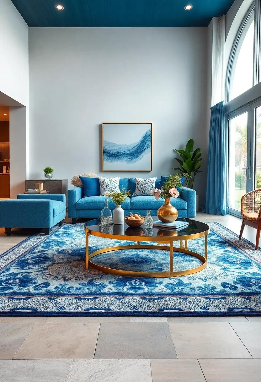 Layered Blue Rugs with Intricate Patterns Under Sleek Brass Coffee Tables for Luxurious Floor Styling