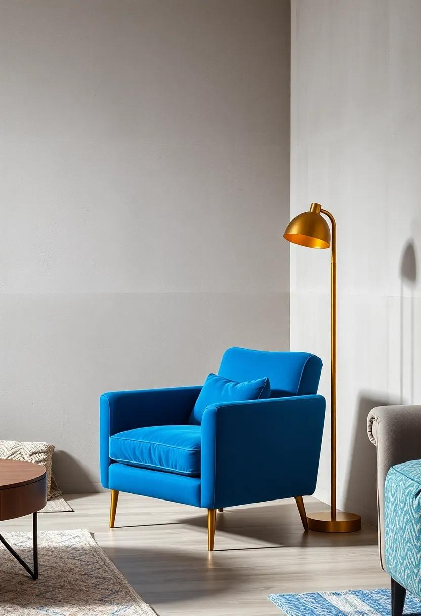 A Sophisticated Blue Armchair Next to a Vintage Brass Floor Lamp Against a Neutral Background