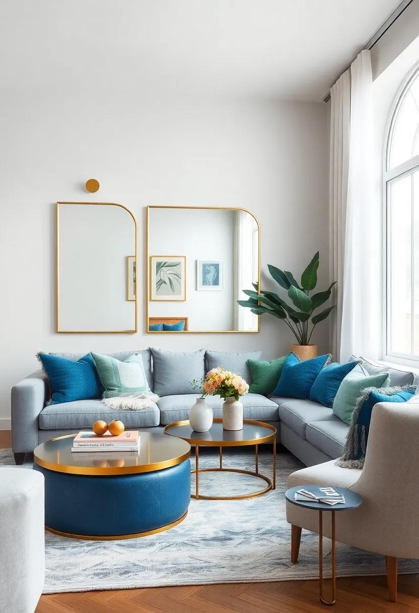 Brass Framed Mirrors Reflecting Soft Blue Tones to Expand and Brighten Small Living Rooms