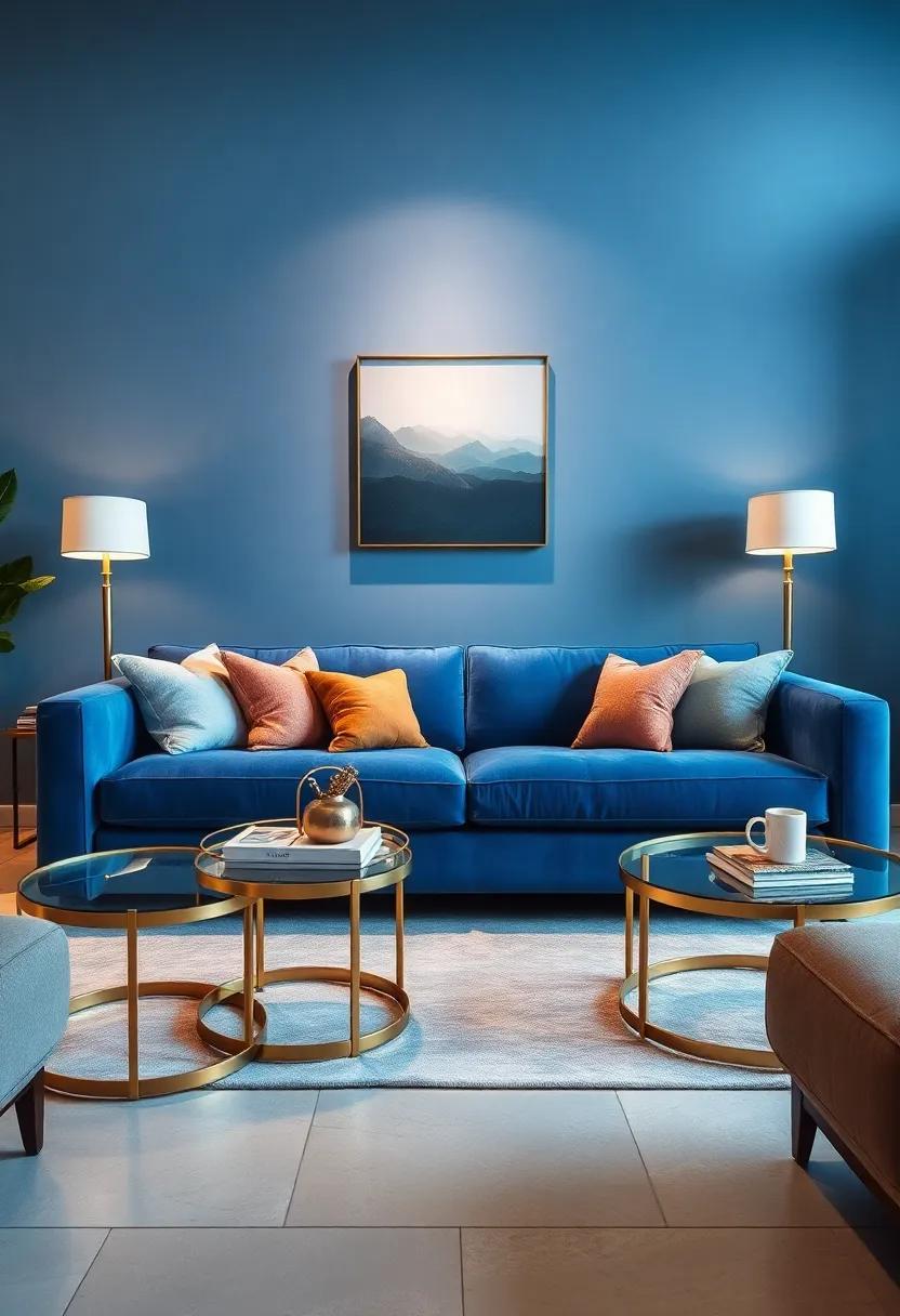A Serene Blue Velvet Sofa Surrounded by Polished Brass Side Tables and Soft Ambient Lighting
