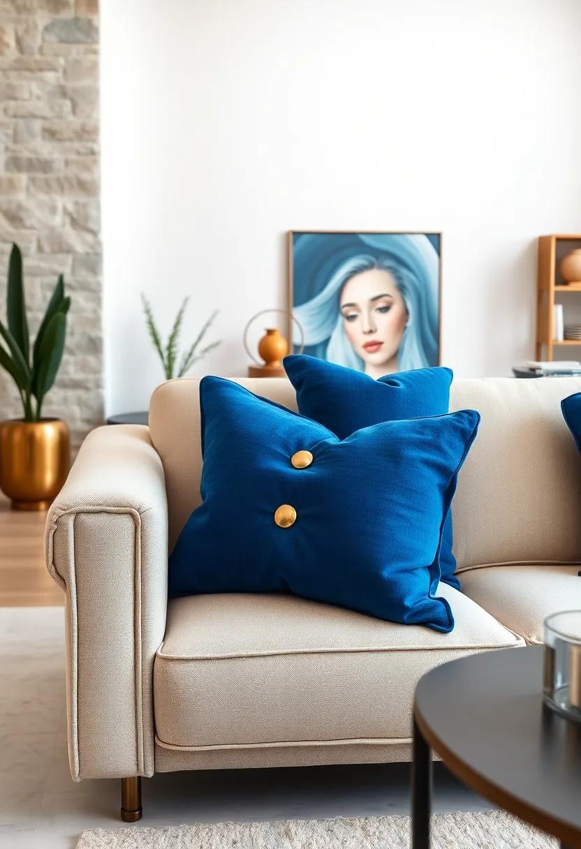 Contemporary Blue Cushions with Brass Button Details on a Plush Cream Sofa for Subtle Glamour