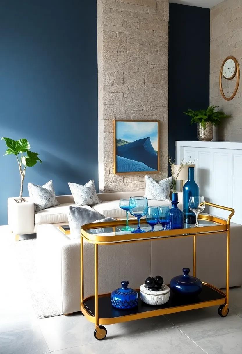 A Brass Bar Cart Styled with Blue Glassware and Navy Decor Elements for Entertaining in Style